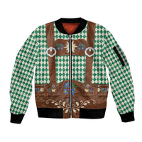 Lederhosen Oktoberfest Sleeve Zip Bomber Jacket Green Edelweiss Floral Polka Dots - Wonder Print Shop