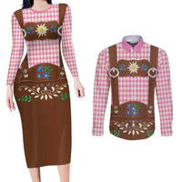 Lederhosen Oktoberfest Couples Matching Long Sleeve Bodycon Dress and Long Sleeve Button Shirt Pink Edelweiss Floral Polka Dots - Wonder Print Shop