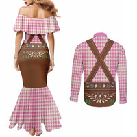 Lederhosen Oktoberfest Couples Matching Mermaid Dress and Long Sleeve Button Shirt Pink Edelweiss Floral Polka Dots - Wonder Print Shop