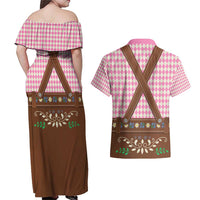 Lederhosen Oktoberfest Couples Matching Off Shoulder Maxi Dress and Hawaiian Shirt Pink Edelweiss Floral Polka Dots - Wonder Print Shop
