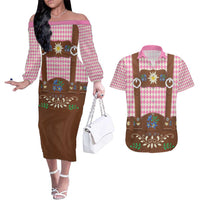 Lederhosen Oktoberfest Couples Matching Off The Shoulder Long Sleeve Dress and Hawaiian Shirt Pink Edelweiss Floral Polka Dots - Wonder Print Shop