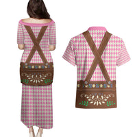Lederhosen Oktoberfest Couples Matching Puletasi and Hawaiian Shirt Pink Edelweiss Floral Polka Dots - Wonder Print Shop
