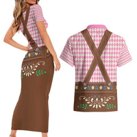 Lederhosen Oktoberfest Couples Matching Short Sleeve Bodycon Dress and Hawaiian Shirt Pink Edelweiss Floral Polka Dots - Wonder Print Shop