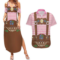 Lederhosen Oktoberfest Couples Matching Summer Maxi Dress and Hawaiian Shirt Pink Edelweiss Floral Polka Dots - Wonder Print Shop