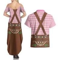 Lederhosen Oktoberfest Couples Matching Summer Maxi Dress and Hawaiian Shirt Pink Edelweiss Floral Polka Dots - Wonder Print Shop