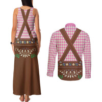 Lederhosen Oktoberfest Couples Matching Tank Maxi Dress and Long Sleeve Button Shirt Pink Edelweiss Floral Polka Dots - Wonder Print Shop