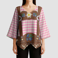 Lederhosen Oktoberfest Kimono Sleeve Blouse Pink Edelweiss Floral Polka Dots - Wonder Print Shop