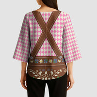 Lederhosen Oktoberfest Kimono Sleeve Blouse Pink Edelweiss Floral Polka Dots - Wonder Print Shop