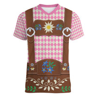 Lederhosen Oktoberfest Women V-Neck T-Shirt Pink Edelweiss Floral Polka Dots - Wonder Print Shop