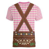 Lederhosen Oktoberfest Women V-Neck T-Shirt Pink Edelweiss Floral Polka Dots - Wonder Print Shop