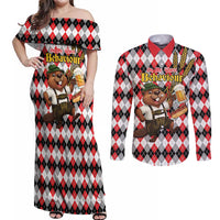 Oktoberfest Beaver Couples Matching Off Shoulder Maxi Dress and Long Sleeve Button Shirt On My Wurst Behaviour - Wonder Print Shop