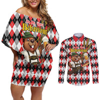 Oktoberfest Beaver Couples Matching Off Shoulder Short Dress and Long Sleeve Button Shirt On My Wurst Behaviour - Wonder Print Shop