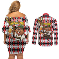 Oktoberfest Beaver Couples Matching Off Shoulder Short Dress and Long Sleeve Button Shirt On My Wurst Behaviour - Wonder Print Shop