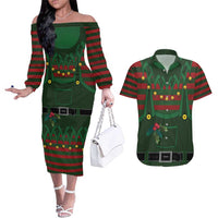 Christmas Elf Costume Couples Matching Off The Shoulder Long Sleeve Dress and Hawaiian Shirt Santa’s Little Helper Outfit - Wonder Print Shop