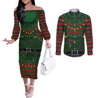 Christmas Elf Costume Couples Matching Off The Shoulder Long Sleeve Dress and Long Sleeve Button Shirt Santa’s Little Helper Outfit - Wonder Print Shop