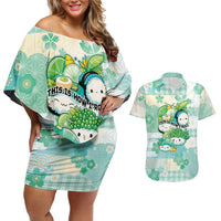 Personalized Japanese Kawaii Sushi Couples Matching Off Shoulder Short Dress and Hawaiian Shirt Green Wagara Palaka This Is How I Roll - Wonder Print Shop
