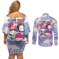 Personalized Japanese Kawaii Sushi Couples Matching Off Shoulder Short Dress and Long Sleeve Button Shirt Blue Wagara Palaka This Is How I Roll - Wonder Print Shop