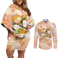 Personalized Japanese Kawaii Sushi Couples Matching Off Shoulder Short Dress and Long Sleeve Button Shirt Peach Wagara Palaka This Is How I Roll - Wonder Print Shop