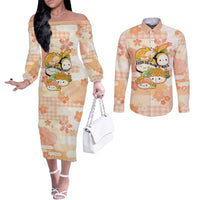 Personalized Japanese Kawaii Sushi Couples Matching Off The Shoulder Long Sleeve Dress and Long Sleeve Button Shirt Peach Wagara Palaka This Is How I Roll - Wonder Print Shop