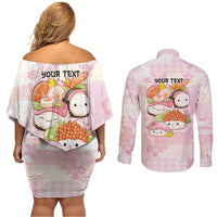 Personalized Japanese Kawaii Sushi Couples Matching Off Shoulder Short Dress and Long Sleeve Button Shirt Pink Wagara Palaka This Is How I Roll - Wonder Print Shop