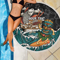 Personalized Japanese Koi Fish Ramen Beach Blanket Tiki Surfing Wagara Hibiscus Pattern - Wonder Print Shop
