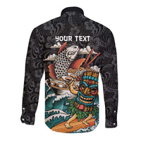 Personalized Japanese Koi Fish Ramen Long Sleeve Button Shirt Tiki Surfing Wagara Hibiscus Pattern - Wonder Print Shop