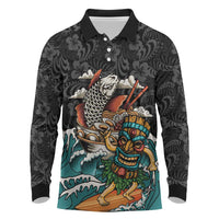 Personalized Japanese Koi Fish Ramen Long Sleeve Polo Shirt Tiki Surfing Wagara Hibiscus Pattern - Wonder Print Shop
