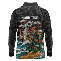 Personalized Japanese Koi Fish Ramen Long Sleeve Polo Shirt Tiki Surfing Wagara Hibiscus Pattern - Wonder Print Shop