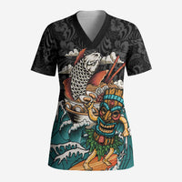 Personalized Japanese Koi Fish Ramen Scrub Top Tiki Surfing Wagara Hibiscus Pattern - Wonder Print Shop