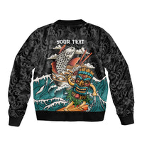 Personalized Japanese Koi Fish Ramen Sleeve Zip Bomber Jacket Tiki Surfing Wagara Hibiscus Pattern - Wonder Print Shop