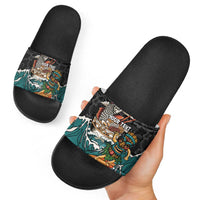 Personalized Japanese Koi Fish Ramen Slide Sandals Tiki Surfing Wagara Hibiscus Pattern - Wonder Print Shop