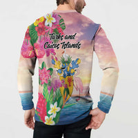 Turks And Caicos Islands Button Sweatshirt Flamingos Tropical Beauty Beach