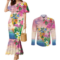 Turks And Caicos Islands Couples Matching Mermaid Dress and Long Sleeve Button Shirt Flamingos Tropical Beauty Beach