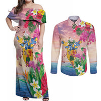 Turks And Caicos Islands Couples Matching Off Shoulder Maxi Dress and Long Sleeve Button Shirt Flamingos Tropical Beauty Beach