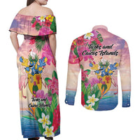 Turks And Caicos Islands Couples Matching Off Shoulder Maxi Dress and Long Sleeve Button Shirt Flamingos Tropical Beauty Beach
