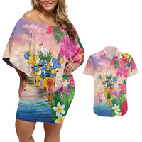 Turks And Caicos Islands Couples Matching Off Shoulder Short Dress and Hawaiian Shirt Flamingos Tropical Beauty Beach