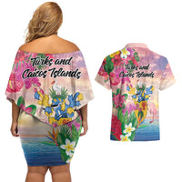 Turks And Caicos Islands Couples Matching Off Shoulder Short Dress and Hawaiian Shirt Flamingos Tropical Beauty Beach
