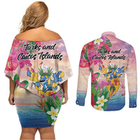 Turks And Caicos Islands Couples Matching Off Shoulder Short Dress and Long Sleeve Button Shirt Flamingos Tropical Beauty Beach