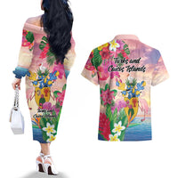 Turks And Caicos Islands Couples Matching Off The Shoulder Long Sleeve Dress and Hawaiian Shirt Flamingos Tropical Beauty Beach