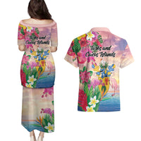 Turks And Caicos Islands Couples Matching Puletasi and Hawaiian Shirt Flamingos Tropical Beauty Beach