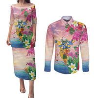 Turks And Caicos Islands Couples Matching Puletasi and Long Sleeve Button Shirt Flamingos Tropical Beauty Beach