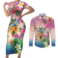 Turks And Caicos Islands Couples Matching Short Sleeve Bodycon Dress and Long Sleeve Button Shirt Flamingos Tropical Beauty Beach