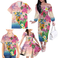 Turks And Caicos Islands Family Matching Off The Shoulder Long Sleeve Dress and Hawaiian Shirt Flamingos Tropical Beauty Beach