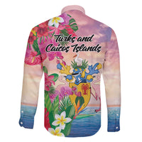 Turks And Caicos Islands Family Matching Off The Shoulder Long Sleeve Dress and Hawaiian Shirt Flamingos Tropical Beauty Beach