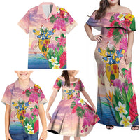 Turks And Caicos Islands Family Matching Off Shoulder Maxi Dress and Hawaiian Shirt Flamingos Tropical Beauty Beach