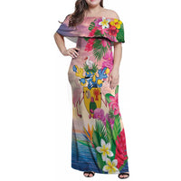 Turks And Caicos Islands Family Matching Off Shoulder Maxi Dress and Hawaiian Shirt Flamingos Tropical Beauty Beach