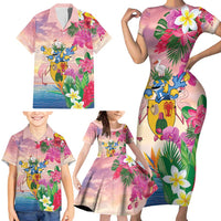Turks And Caicos Islands Family Matching Short Sleeve Bodycon Dress and Hawaiian Shirt Flamingos Tropical Beauty Beach