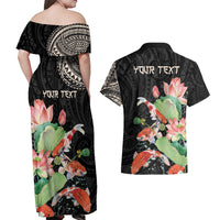 Personalized Japanese Koi Fish Couples Matching Off Shoulder Maxi Dress and Hawaiian Shirt with Polynesian Pattern LT9 - Wonder Print Shop