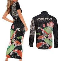 Personalized Japanese Koi Fish Couples Matching Short Sleeve Bodycon Dress and Long Sleeve Button Shirt with Polynesian Pattern LT9 - Wonder Print Shop