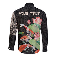 Personalized Japanese Koi Fish Long Sleeve Button Shirt with Polynesian Pattern - Wonder Print Shop